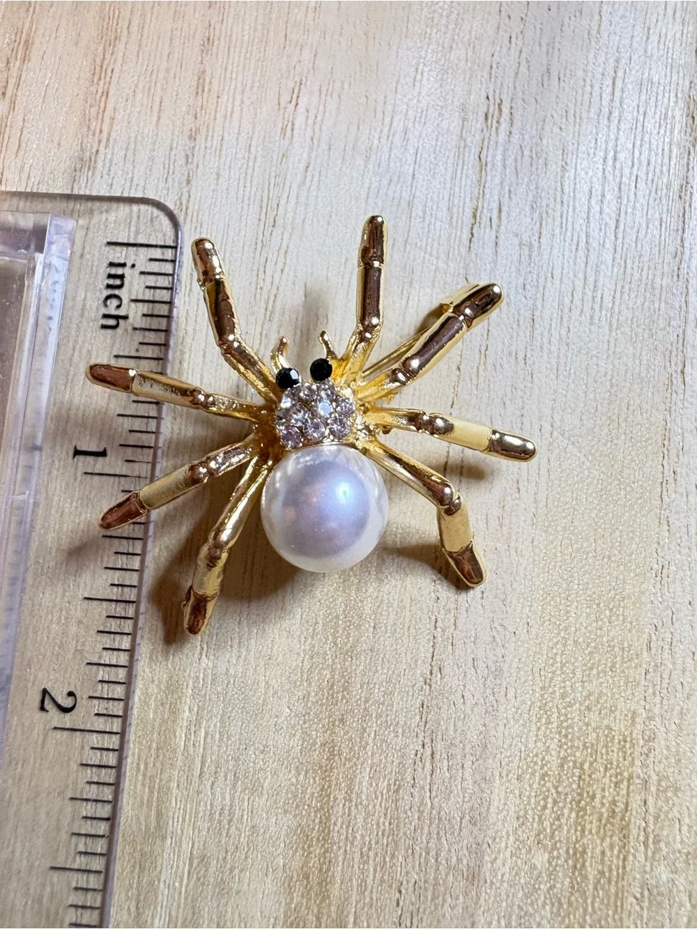 Gold Pearl Spider Brooch with Clear Crystals - Women's Jewelry